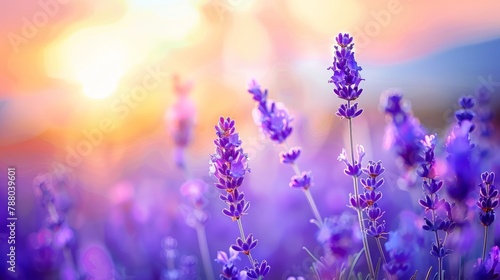 Aromatherapy lavender flowers - Sunset over a summer purple lavender field . Bunch of scented flowers in the lavanda fields in summer in France