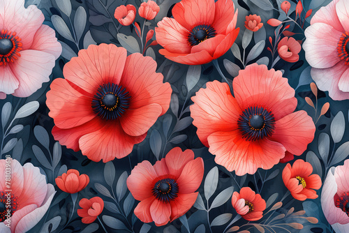 3D digital art, pink and coral flowers on grey background, beautiful, in the vintage style. Created with Ai