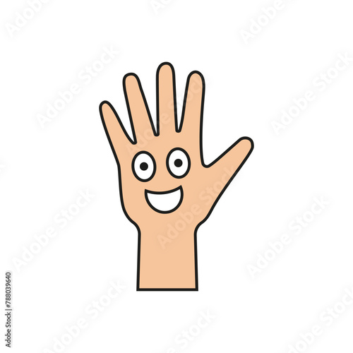 Palm of a hand with a cartoon laughing cheerful smiling face inside. Color vector illustration.
