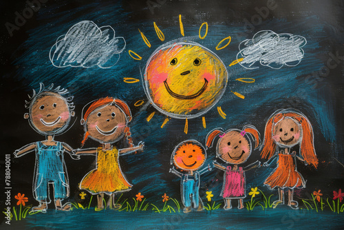 Kid's chalk drawing of large family on blackboard, illustration. Happy parents with children. Family Day