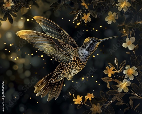 Luxurious and captivating background featuring a woodland hummingbird, intricately drawn in golden lines to reflect its delicate and lively essence photo