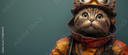 A curious cat dressed as a vintage firefighter looks intently, ready for adventure, against a solid teal backdrop.