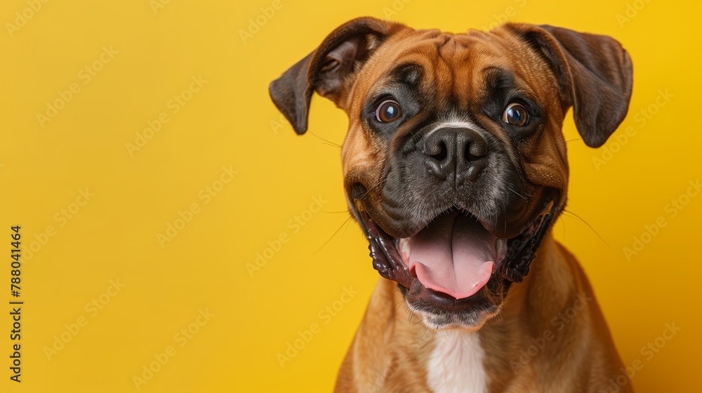 A happy Boxer dog with its tongue lolling out, sporting a joyful expression against a bright yellow background.