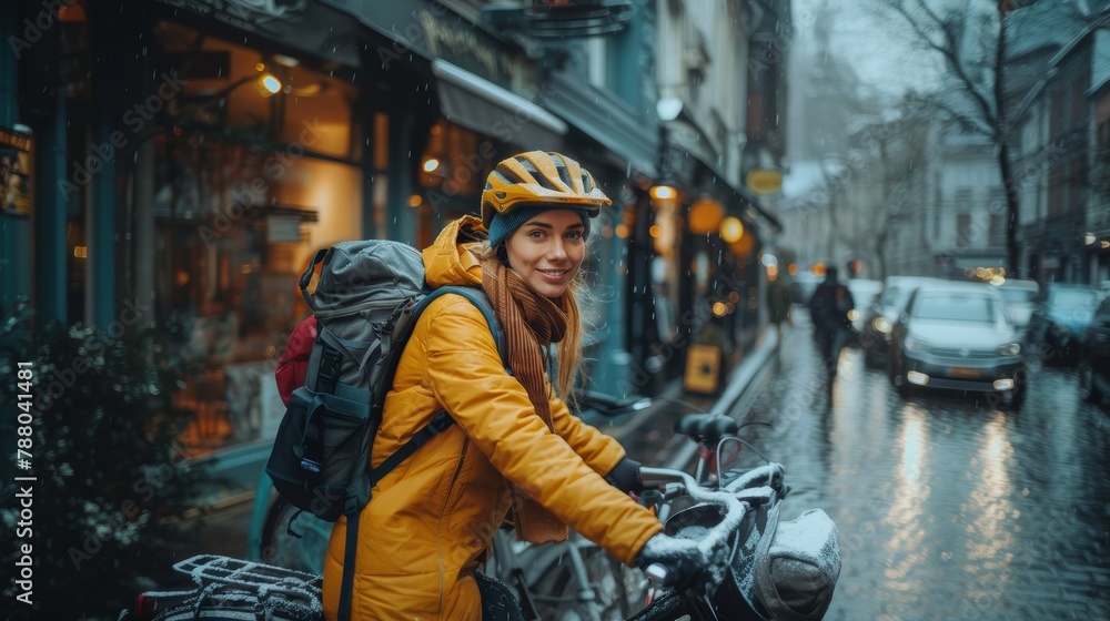 Cheerful young woman courier in a yellow jacket delivers fresh lunches on a bicycle, navigating a snow-covered urban street during a light snowfall.