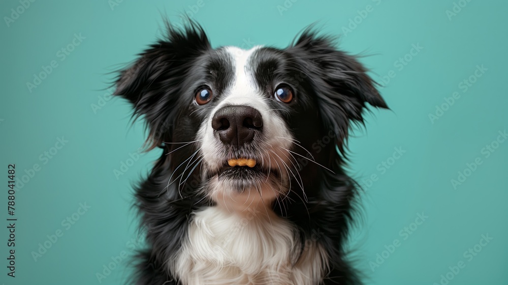 A focused Border Collie with a treat balanced on its nose, showcasing training and obedience.