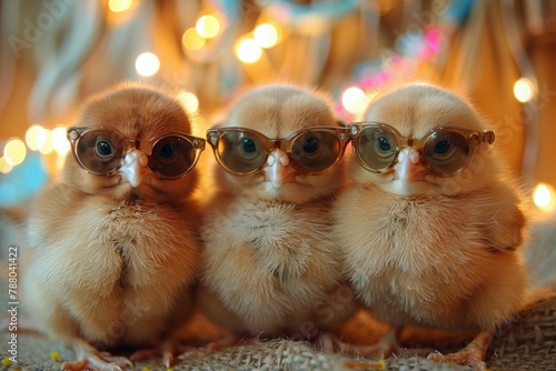 Two adorable fluffy chicks wearing stylish oversized sunglasses among soft lights
