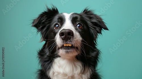 A focused Border Collie with a treat balanced on its nose, showcasing training and obedience. © Papatsorn