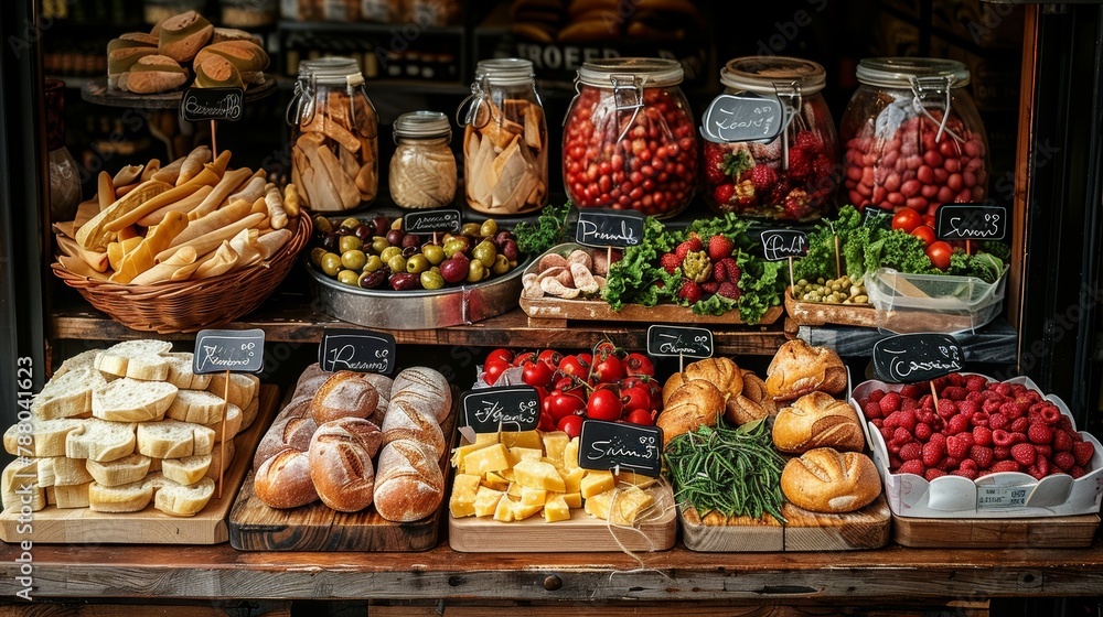 Richly stocked food store display featuring an array of artisanal breads, fresh fruits, cheeses, and preserved goods. Captured in the vibrant streets of Bologna. Richly stocked food store display featuring an array of artisanal breads, fresh fruits, cheeses, and preserved goods. Captured in the vibrant streets of Bologna.