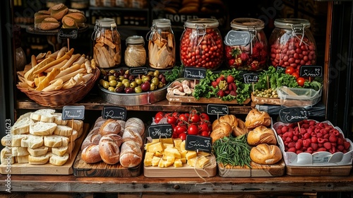 Richly stocked food store display featuring an array of artisanal breads, fresh fruits, cheeses, and preserved goods. Captured in the vibrant streets of Bologna.