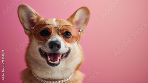 A fashionable Corgi dog dons trendy glasses and a pearl necklace, set against a pink background. © Papatsorn