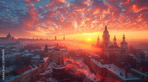 Breathtaking view of Lviv's old city at sunrise, featuring historic architecture under a vivid, colorful sky. This winter scene captures the city bathed in soft morning light. photo