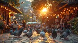 Vibrant image captures the essence of a busy Sarajevo square at sunset. Pigeons gather as people dine al fresco amidst softly glowing lights.