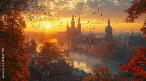 Bbreathtaking sunrise view featuring the Adam Mickiewicz monument in an old city center. This vibrant scene captures autumn colors, migrating birds, and historical architecture in a serene moment. photo
