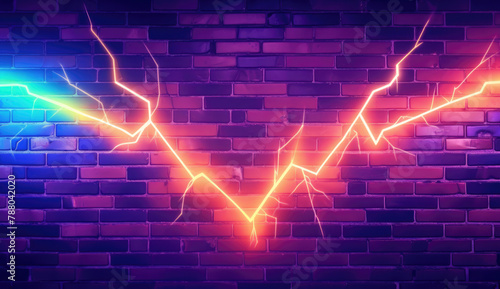 Neon lightning bolts zigzagging with a vibrant clash of colors against a brick wall backdrop, embodying a powerful surge of electric energy and urban flair.