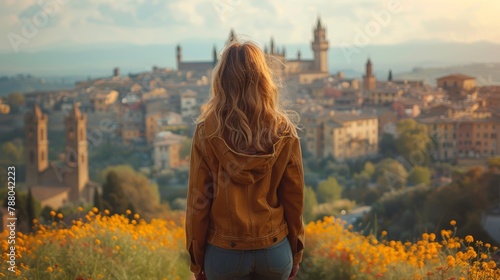 Back view of a trendy woman observing a scenic old cityscape in San Marino surrounded by a vibrant field of yellow flowers, capturing a moment of travel and discovery.