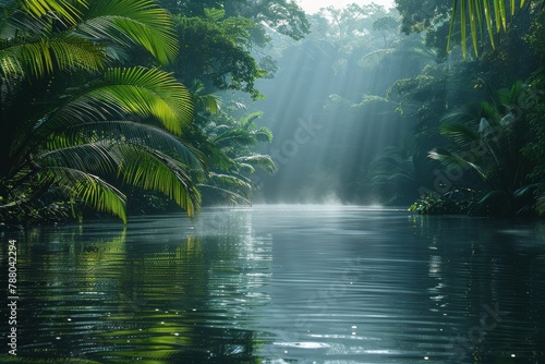 A serene tropical jungle with lush greenery and a misty river running through, conveying a sense of tranquility and escape