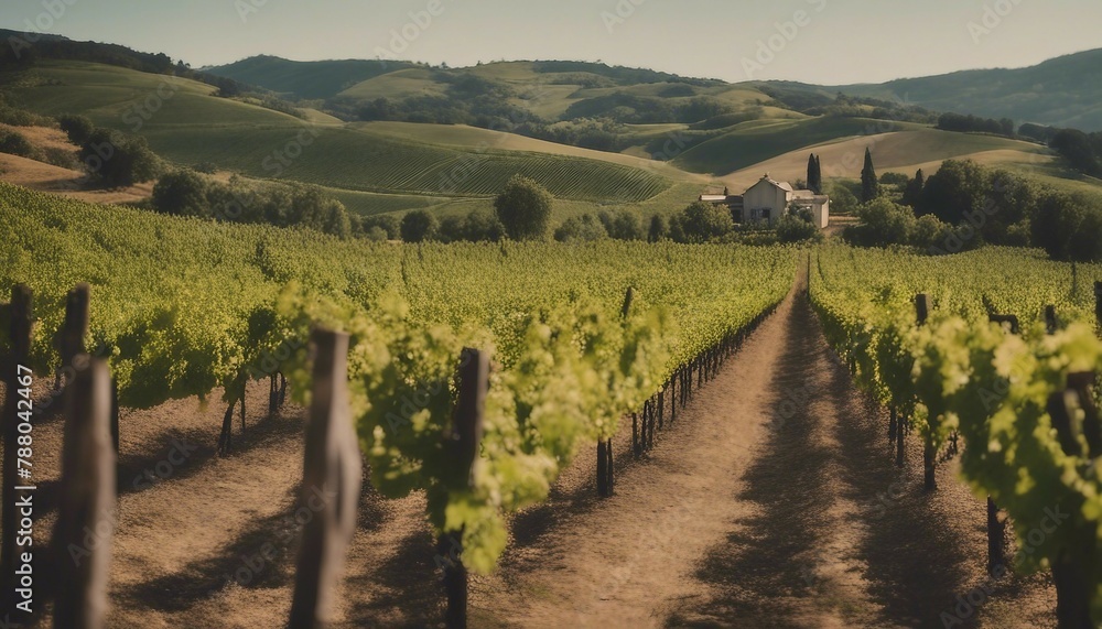a vineyard field with green vines and hills