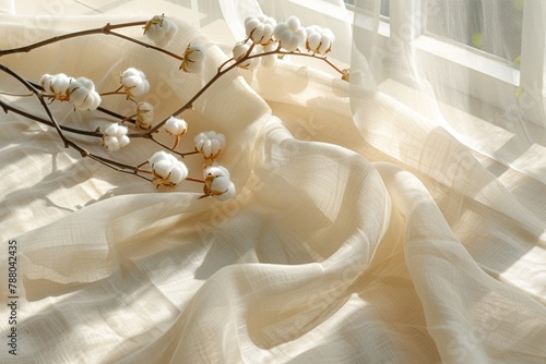a serene with branches of cotton bolls effortlessly resting upon gentle folds of silk-like fabric photo