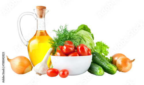 Set of fresh organic vegetables, tomatoes, cucumbers, onions with olive oil isolated. PNG.
