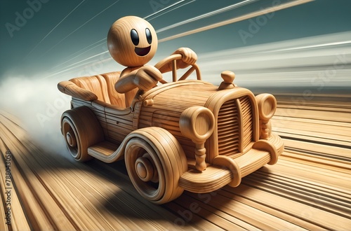 a wooden cartoon character driving a wooden car photo