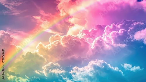 rainbow in the sky fluffy shining clouds , cotton, pink purple pastel colors photo