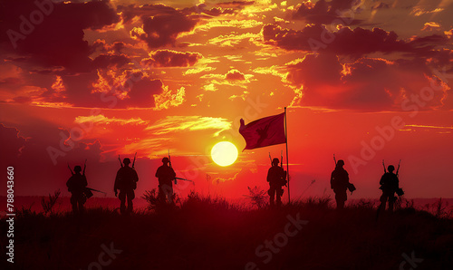Silhouetted soldiers standing with a flag against a dramatic sunset sky, evoke the iconic Iwo Jima scene representing sacrifice and victory. 