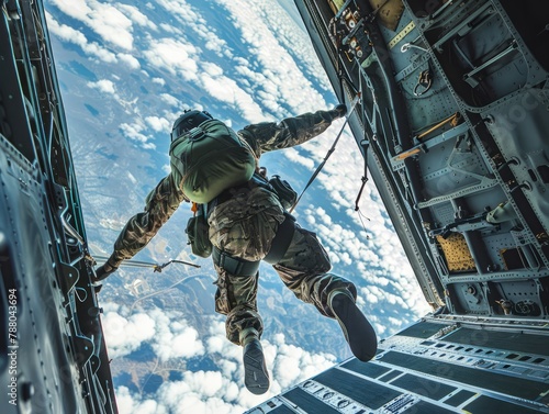 Aerial view of a flying paratrooper in a spacesuit against the sky. Close up