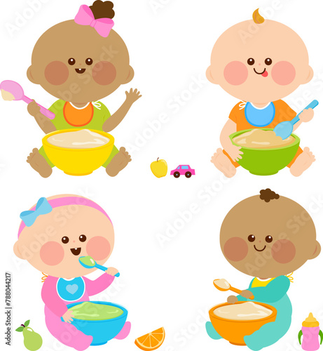 Cute toddler baby boys and girls eating baby food cereal and pureed fruits and vegetables. Diverse group of baby boys and girls having breakfast of porridge, cereal and fruits. Vector illustration
