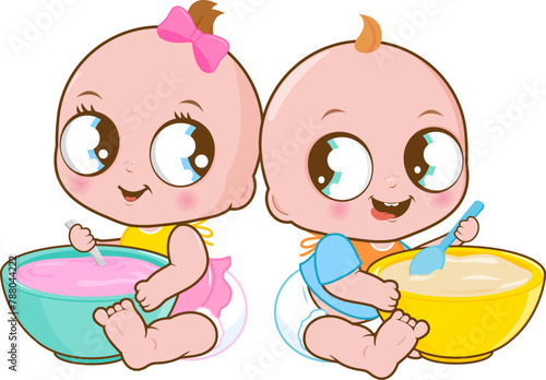 Cute toddler baby boy and baby girl twins eating baby food cereal and pureed fruits and vegetables. A baby boy and a baby girl have their breakfast meal of cereal and fruits. Vector illustration