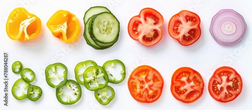 Cut vegetables arranged in a circular pattern seen from above  set against a white background.