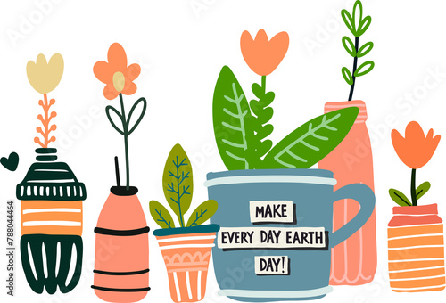 Happy Earth Day. Save the planet. Make every day Earth Day. Compositions on a transparent background on the theme of ecology, care for nature and planet Earth. Fashion design in flat illustration styl