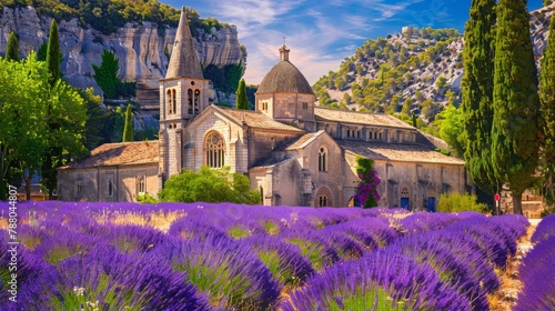 Amazing blooming purple lavender fields at monastery, Provence, southern France photo