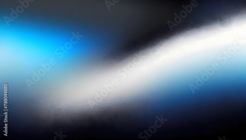 White blue black blurred abstract gradient on dark grainy background, glowing light. Generative AI.