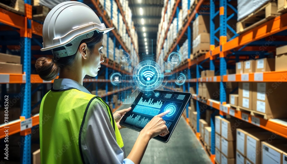 Futuristic Warehouse Management: Female Worker Utilizing Augmented Reality for Inventory Check Futuristic Warehouse Management: Female Worker Utilizing Augmented Reality for Inventory Check