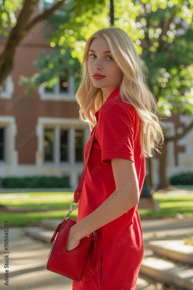 Stylish young american lady red summer dress posing at university campus. Blonde woman in standing red attire outside, summertime