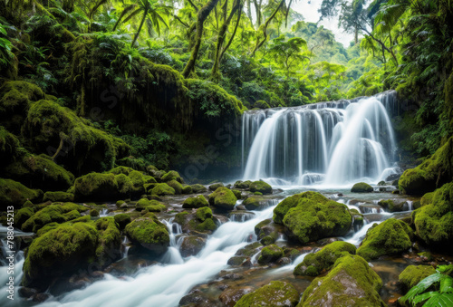 A majestic waterfall cascading down amidst a dense jungle, its rushing waters cutting through lush greenery and creating a mesmerizing natural spectacle.. AI generated. © Petr