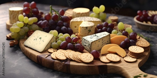  An elegant cheese board featuring a variety of cheeses, grapes, and crackers breakfast