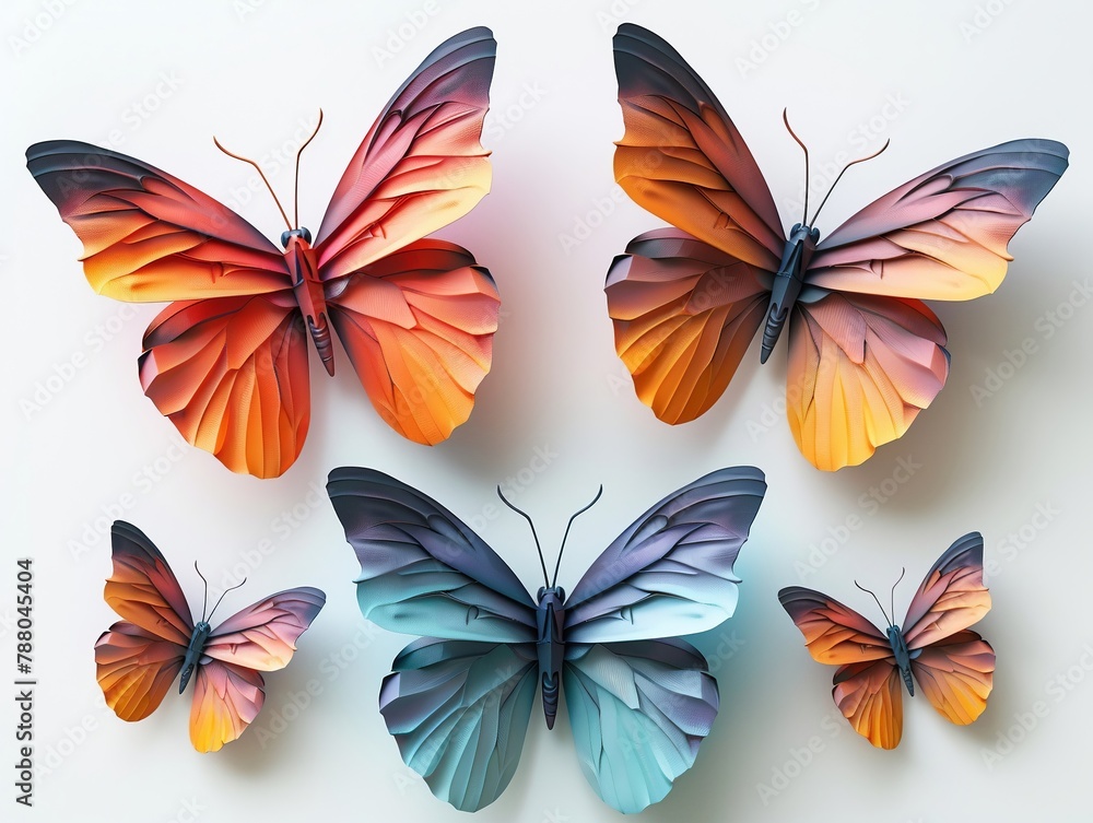 3D printed butterfly models on a clean white background, lower third positioning, modern design space above 3D printed butterfly models on a clean white background, lower third positioning, modern design space above