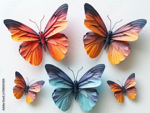3D printed butterfly models on a clean white background, lower third positioning, modern design space above  © AlexCaelus