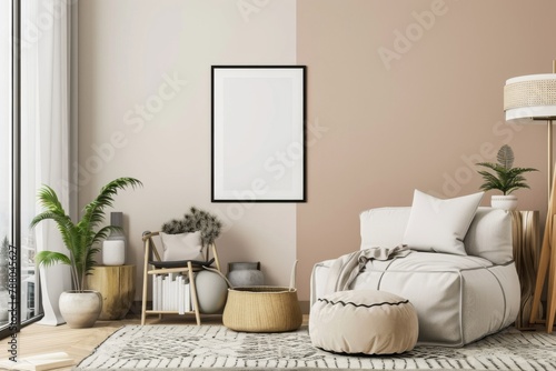 Beige Scandinavian Interior with Poster Mockup created with Generative AI