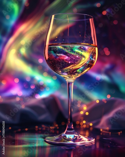 Crystal wine with digital aurora hues  dynamic angle  capturing the dance of northern lights