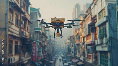 Drone delivery service in a bustling city, clear sky backdrop, midair shot, modern logistic solutions photo