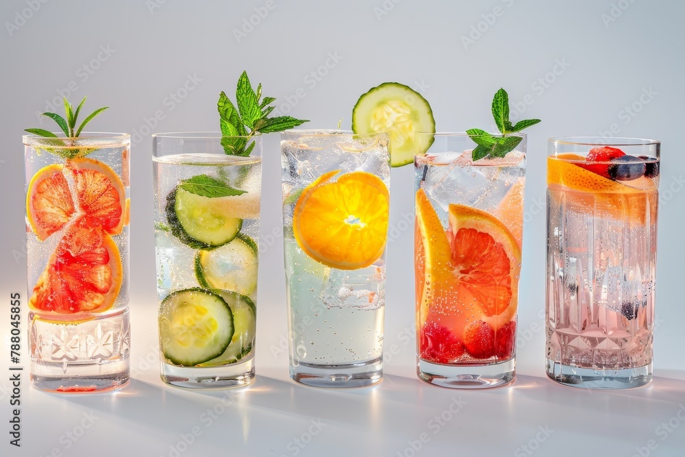 Fototapeta premium Gin and tonic served in glasses with fruit garnish