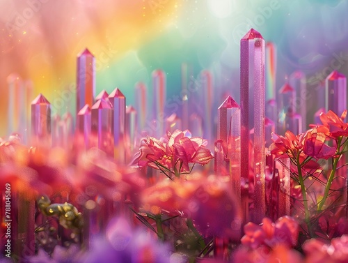 Smart glass technology simulating a rainbow among crystal flowers, futuristic garden design