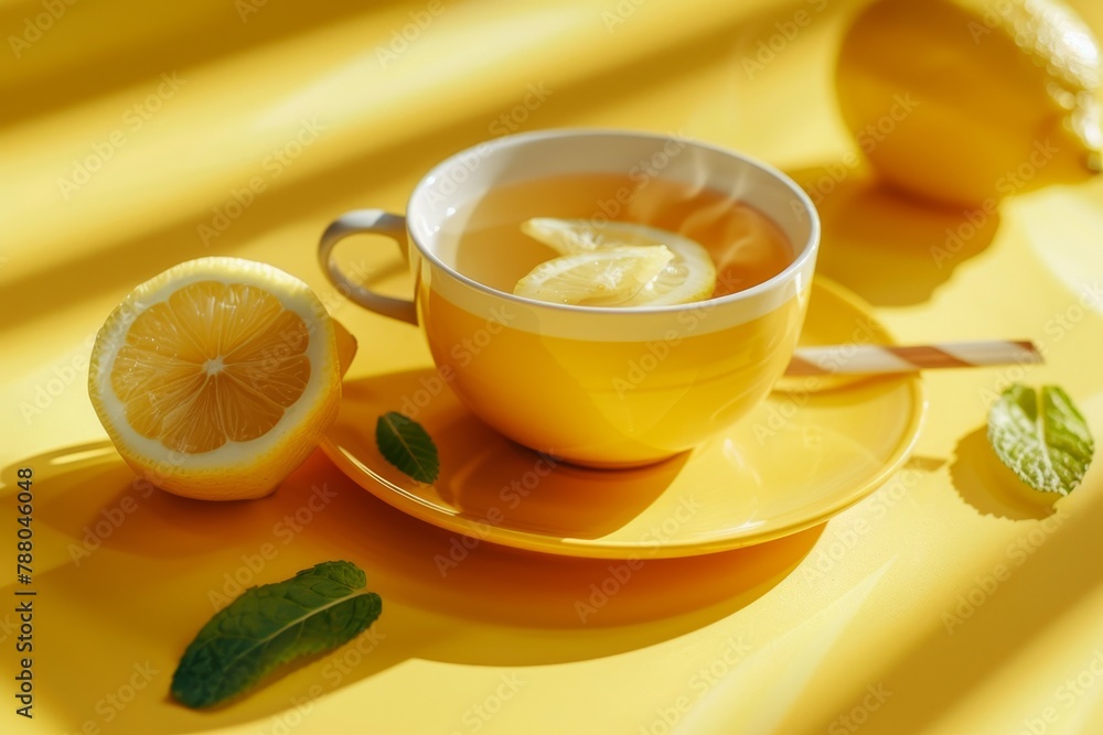 Ginger tea with lemon mint on yellow background Ginger tea with lemon mint on yellow background