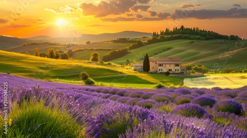 Amazing blooming landscape with purple lavender fields in summer in France photo