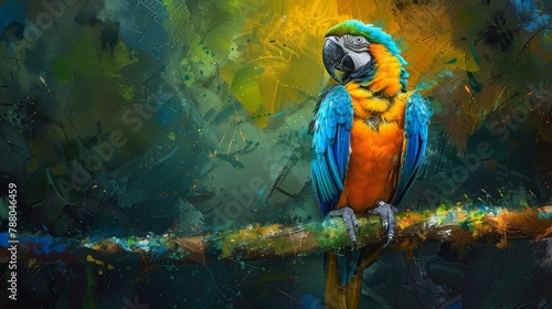 A painting of a parrot sitting on a branch. The parrot is blue, yellow, and orange. The background is a blur of green and yellow.