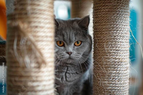 Gray British cat between two used scratching posts focusing on striped pattern