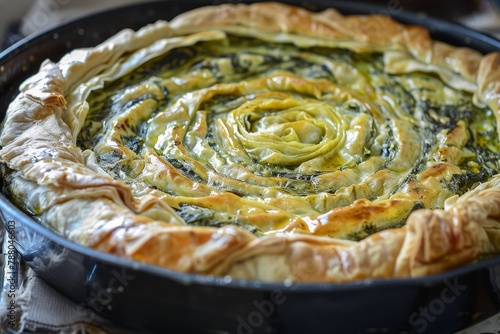 Greek bakery authentic Filo Spinach and Feta Twist Pie in iron pan post baking Contains spinach mizithra and feta