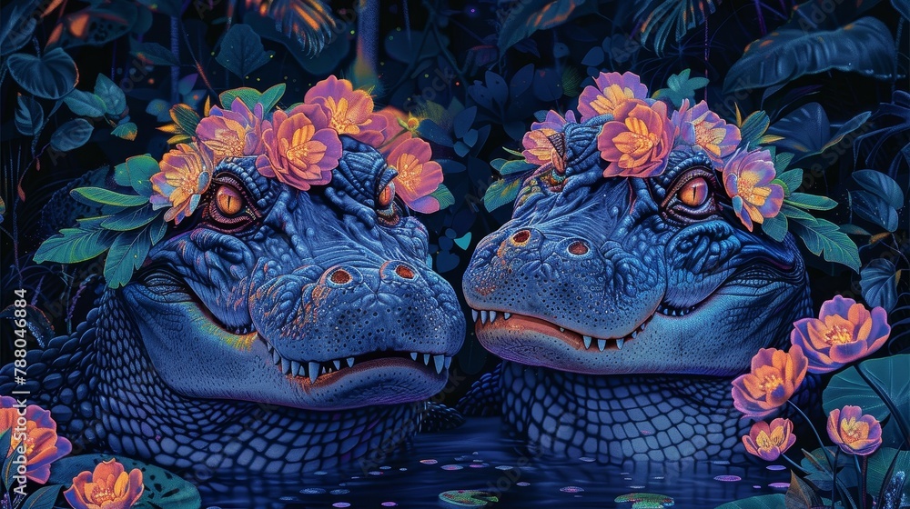 Fototapeta premium Two alligators with flower crowns made of pink, yellow, and purple flowers. The background is dark blue with green and yellow plants and flowers.